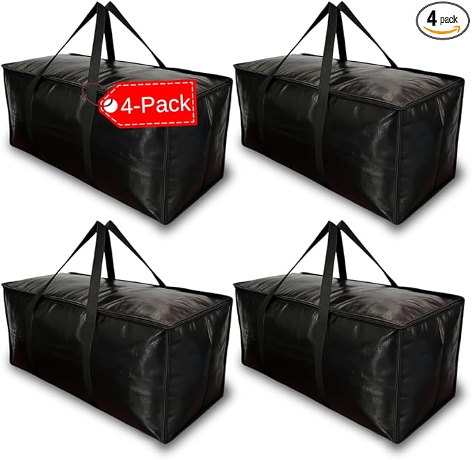 BAG-THAT! 4-Pack Black Moving Bags, Extra Large Storage Bags with Zipper, Water Resistant Packing Bags for Moving Supplies, Heavy Duty Moving Totes with Carrying Handle