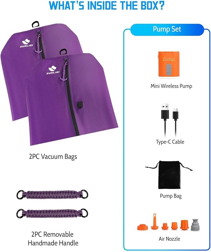 Zurligi Vacuum Compression Bags with Pump for Travel – IPX8 Waterproof Vacuum Packing Cubes, Reusable Carry-On Bags for Clothes, Suitcase & Backpack(2-Pack, Purple)