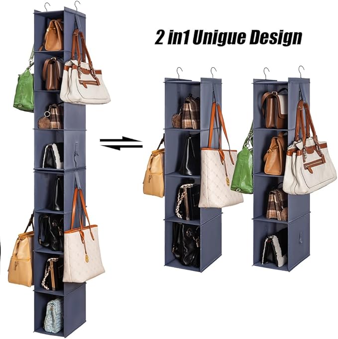 Bag Rack for Closet - Hanging Purse Organizer Handbag Storage Bags Holder 2Pack 8 Shelves Keep Organized Grey
