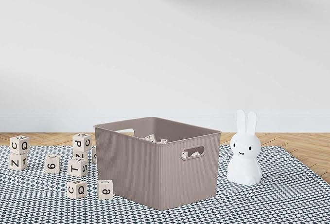Decorative Plastic Basket Open Home Storage Bins Organizer, X-Large Taupe (4 Pack) Container Boxes for Organizing Closet Storage Bins for Shelves Drawer Shelf - Ribbed Collection 22 Liter/23 Quart