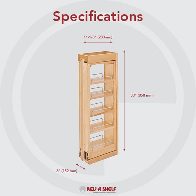 Rev-A-Shelf 6"W x 33"H Pull Out Quad Shelf Organizer for Wall & Base Kitchen Cabinets, Full Extension Filler Spice Rack, Adjustable, Wood, 432-WF33-6C