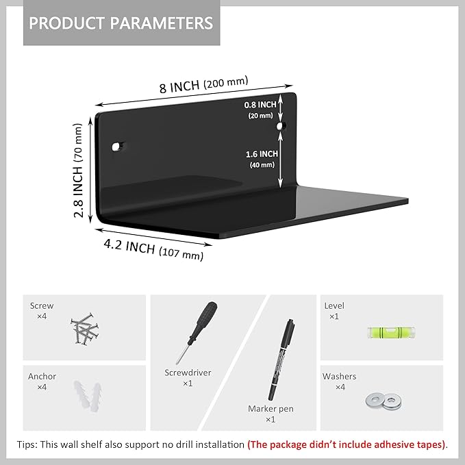 8 Inch Black Small Wall Shelves, Acrylic Wall Mounting Ledges Display, Acrylic Black Shelf for Figures, Collectibles, Plants, Décor, Toiletries, 4'' Depth, 2 Pack