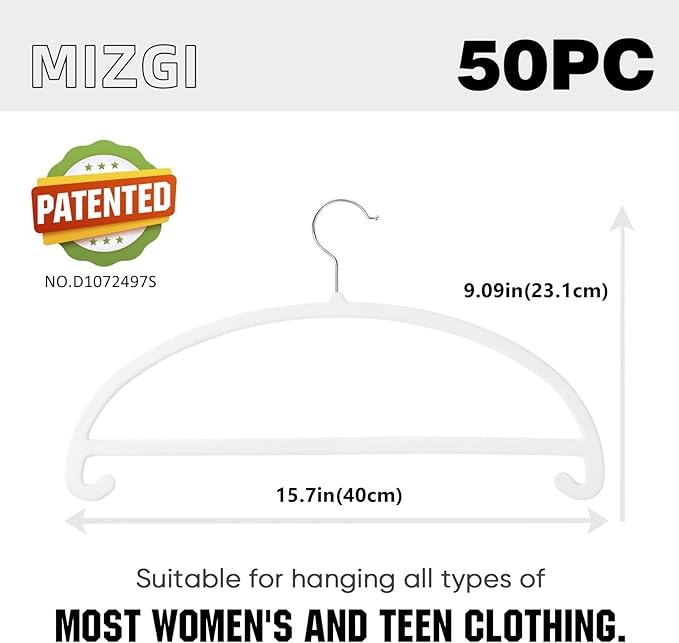 MIZGI 50 Pack White Velvet Hangers - No Shoulder Bumps, Heavy Duty Non-Slip Chrome Hooks for Jackets, Coats, Pants