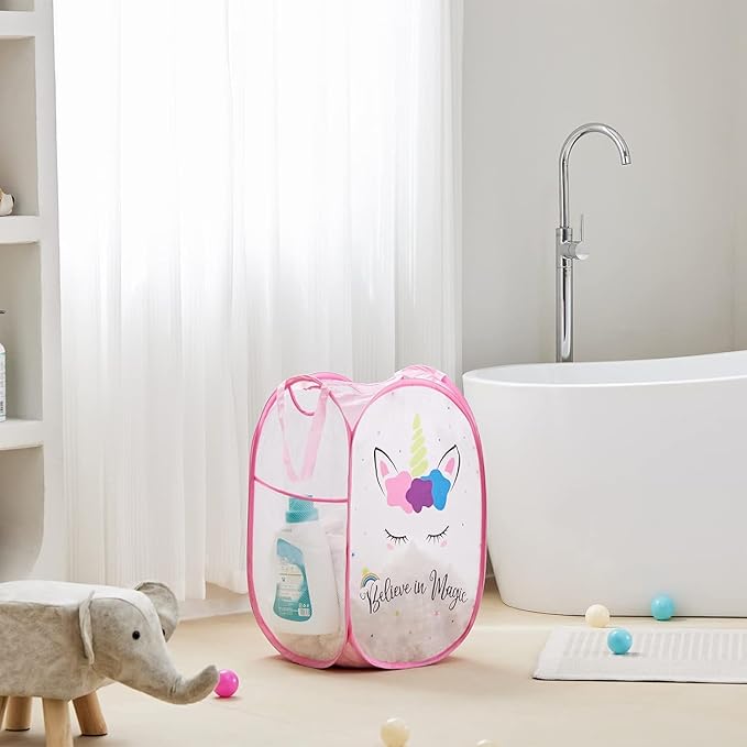 TECHMILLY Collapsible Mesh Pop Up Laundry Hamper with Sturdy Handles and Side Pocket - Portable Foldable Clothes Baskets for Dorm, Bathroom & Travel Storage (Unicorn, 3 Packs)