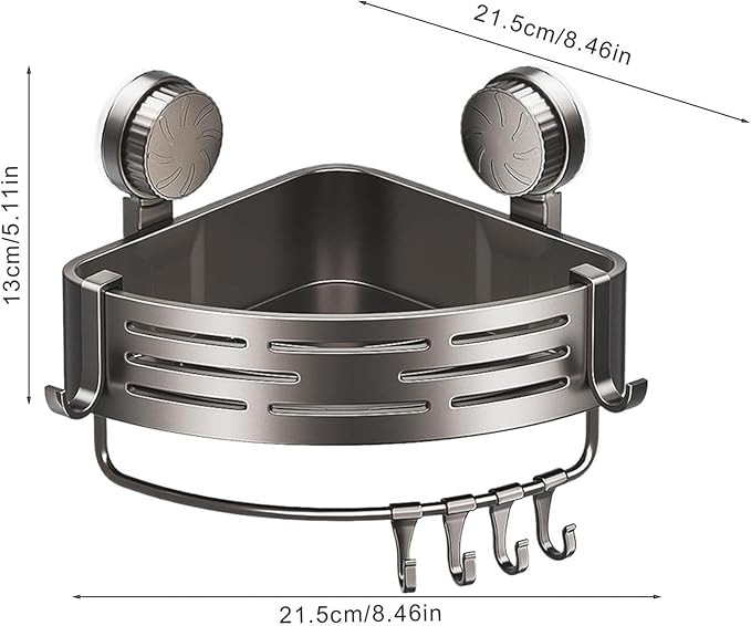 Xarewx Triangle Suction Cup Shower Caddy, No-Drill Bathroom Corner Shelf, 2-Tier Bathroom Organizer with Hooks & Towel Bar, Rust-Resistant, Heavy Duty Shower Corner Rack for Smooth Surfaces (Normal)