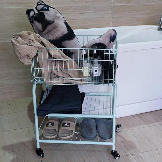 3 layerS rolling wire laundry basket,easy moved laundry cart for clothes,pants laundry. children toys organization cart,metal cart with metal frame,enlarge the storage (MINT)
