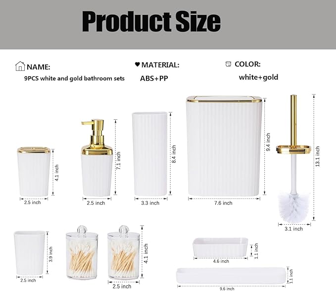 Bathroom Accessories Set,9 Piece White Bathroom Sets Complete with Toothbrush Holder, Trash Can, Lotion Soap Dispenser, Toothbrush Cup, Vanity Tray, Soap Dish, Toilet Brush, Qtip Holder for New Home