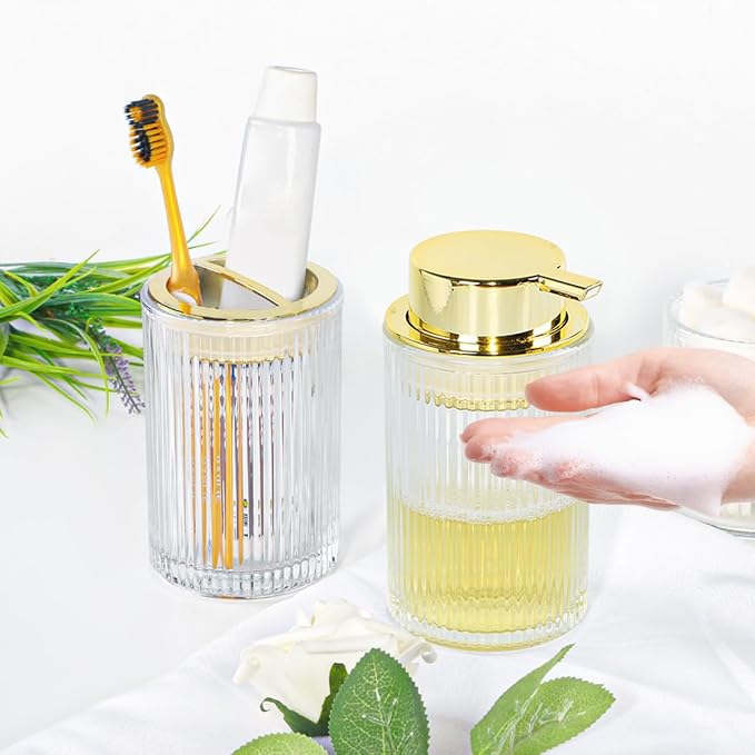 Clear Glass Bathroom Accessories, 4 Pcs Bathroom Sets Complete, Foaming Soap Dispenser,Toothbrush Holder and Qtip Holder Set,Modern Ribbed Vanity Countertop Organizer for Decor
