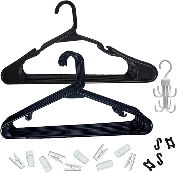 Plastic Hangers 20 Pack, Pants Hangers with Clips, Durable Non-Slip Space-Saving for Single Person Needs Include 10 Clips+ 4 connectors+1 Belt Storage (2, Black)