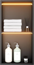 TSIBOMU 12" X 24" Stainless Steel Shower Niche with LED Lights, Matte Black Double Shelves Recessed Shower Niche No Tile Needed for Bathroom/Bedroom Storage