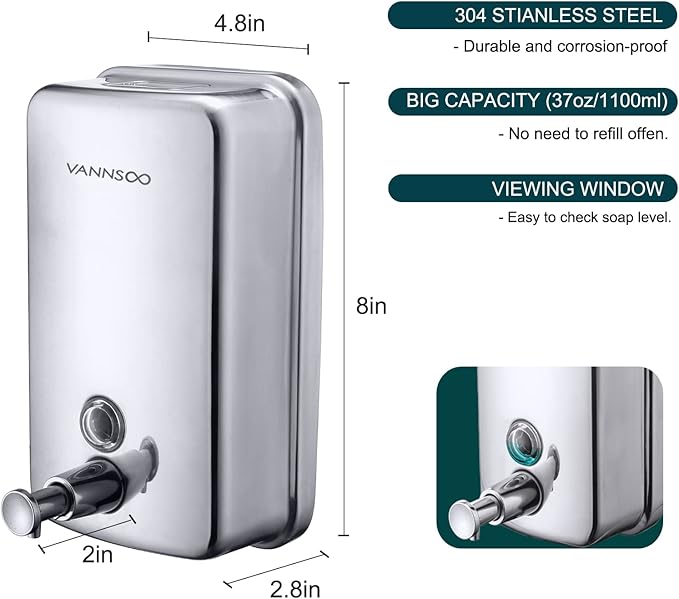 Commercial Soap Dispenser Wall Mount Stainless Steel Manual Liquid Pump Rust-Proof Leak Free for Bathroom (37 fl.oz./1100ml)