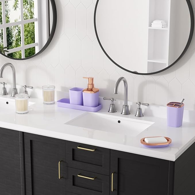 9-Piece Bathroom Accessories Set, Purple Bathroom Accessories Sets Complete with Trash Can,Tray,Soap Dispenser,Toothbrush Holder,Toothbrush Cup,Soap Dish,Toilet Brush and Q-tip Holders