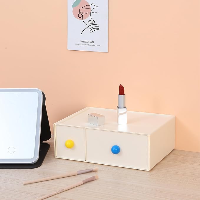Desktop Storage Drawers, Plastic Desk Organizer with 2 Drawers, Modular Stackable Toolbox Units for Office Stationary, Makeup Container, Bathroom Countertop (1 Tall Layer, Cream)