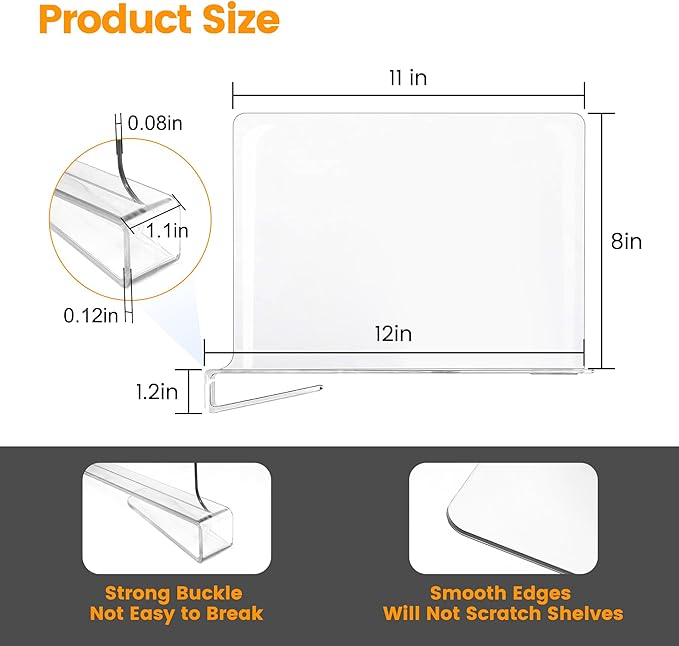 OKPOW Shelf Dividers for Closet Organization: 8" Tall X 12" Deep Acrylic Clear Sturdy Separators for Clothes Purse - Adjustable Easy Install Storage for Wood Cabinet Home Organizer Housewife 6 Pack
