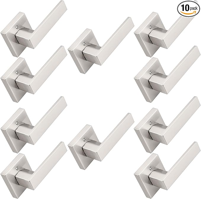 Probrico Brushed Nickel Half Dummy Levers, Square Non-Turning Door Knobs for Left or Right Handed Doors, Interior Inactive Door Handle for Closet or Pantry (10 Pack, Single Side, Exposed Screws)