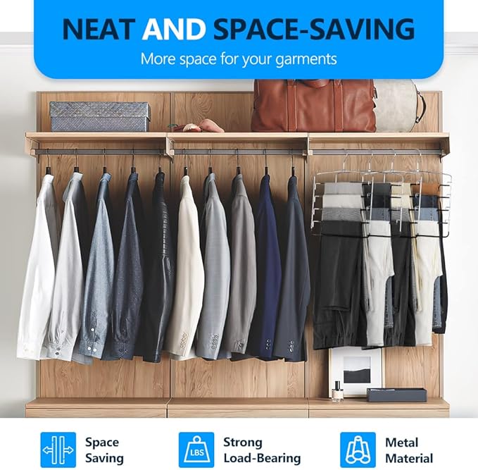 Pants Hangers 4 Pieces,5 Tier Closet Organizers and Storage Clothes Hanger,Hangers Space Saving with Swing Arm,Multiple Metal Hanger Clothes Organization for Pants Trousers Jeans Leggings Slacks