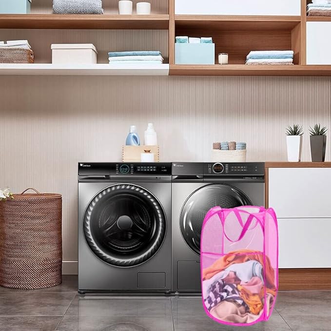 Pop Up Laundry Hamper, Portable Mesh Laundry Basket, Collapsible Clothes Storage Bin for Bedroom, Dormitory, Travel, Home, Rose Red