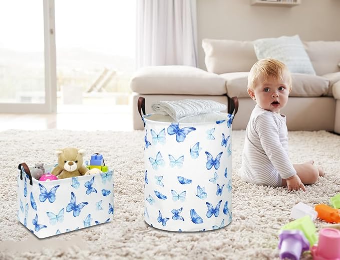 Rectangular Blue Butterfly Storage Basket,Collapsible Gift Basket with Handles,Kids Toys/Books Box,Room Decor(Blue Butterfly)