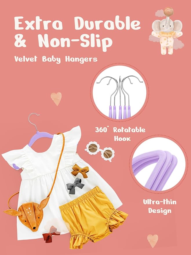 HOUSE DAY 11 Inch Velvet Baby Hangers 50 Pack Lt-Purple, Premium Kids Hangers for Children, Infant & Toddler Clothes, Durable Non Slip Small Baby Felt Hanger for Closet, Ideal for Everyday Use
