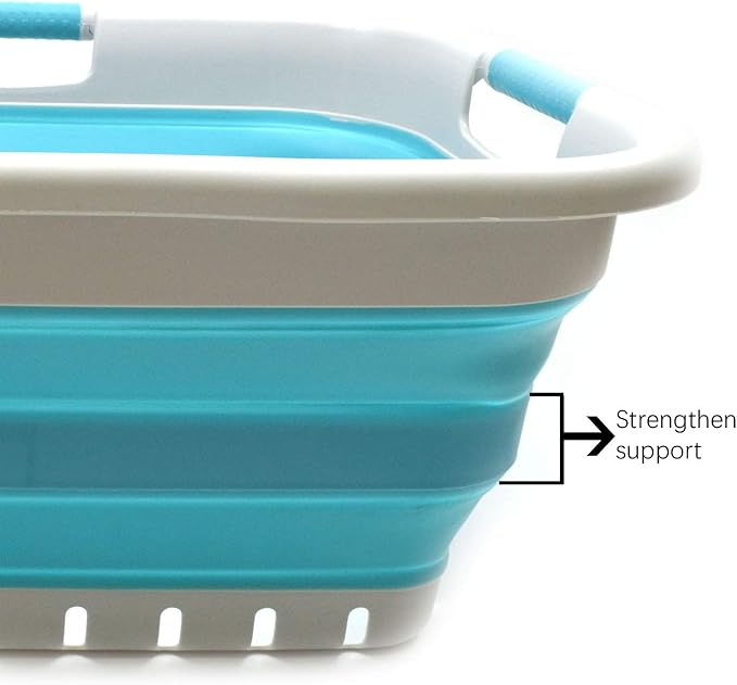 SAMMART 41L (10.8 gallon) Collapsible Plastic Laundry Basket - Foldable Pop Up Storage Container/Organizer - Portable Washing Tub - Space Saving Hamper/Basket (3 handled rectangular, Grey/Bright Blue)