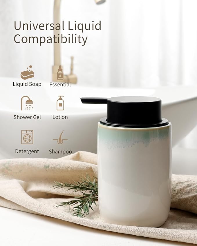 BosilunLife Hand Soap Dispenser - Foam Soap Dispenser Bathroom Ceramic Dish Liquid Soap Dispenser for Kitchen, Bathroom Countertop Soap Dispensers (White with Blue-Green Rim Foam Pump)