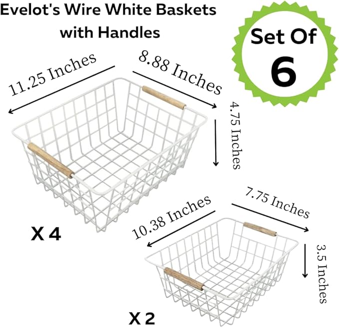 Evelots Wire Storage Baskets with Wood Handles-Pack of 6-Kitchen Cabinet, Pantry Shelf Organization, or Bathroom Metal Basket-Refrigerator/Freezer Organizer Bins-White