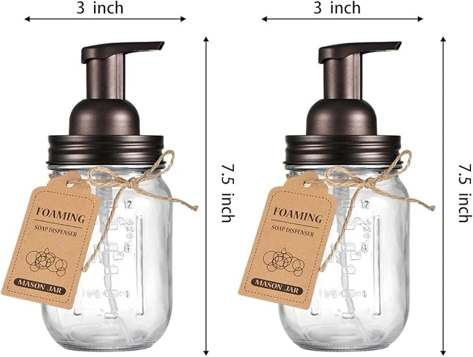 Amolliar Mason Jar Foaming Soap Dispenser, Rustproof Stainless Steel Lid, BPA Free Foam Pump, Waterproof Labels, Rustic Farmhouse Decor Refill Hand Soap Dispenser Bathroom Accessories– Bronze (2 Pack)