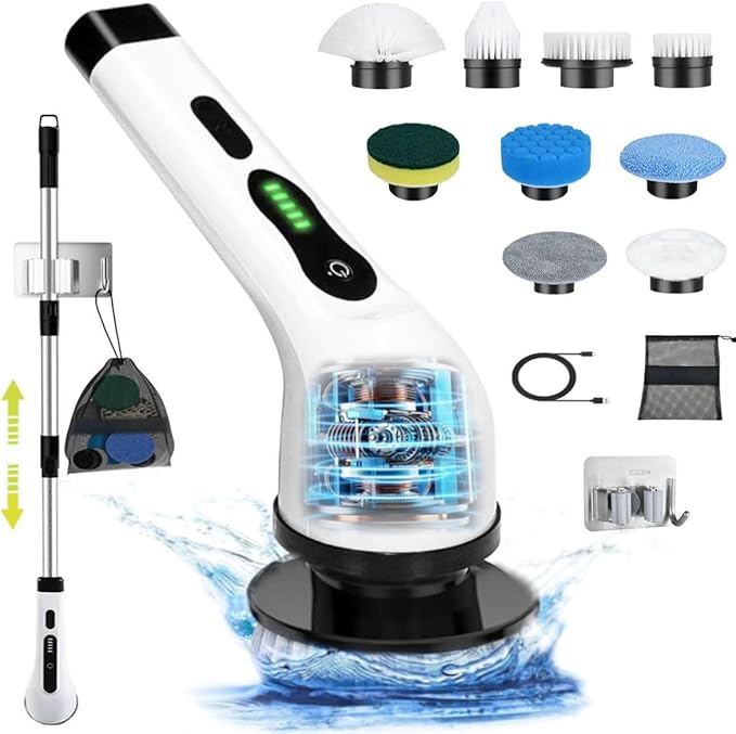 Electric Spin Scrubber,IPX7 Waterproof Cordless Power Cleaning Brush,Shower Cleaning Brush,2-Speed with 9 Replaceable Brush Heads, with Adjustable Extension Handle for Bathroom,Kitchen,Glass,Car