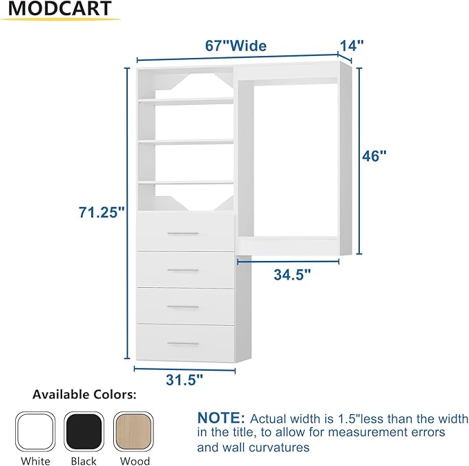 Modular Closet System, 67" Wide Closet Organizer System with Tower and Drawers, Wood Tower Closet Storage for Walk In Closets, Wall Mounted Wardrobe Organizer Kit System, Bedroom, White