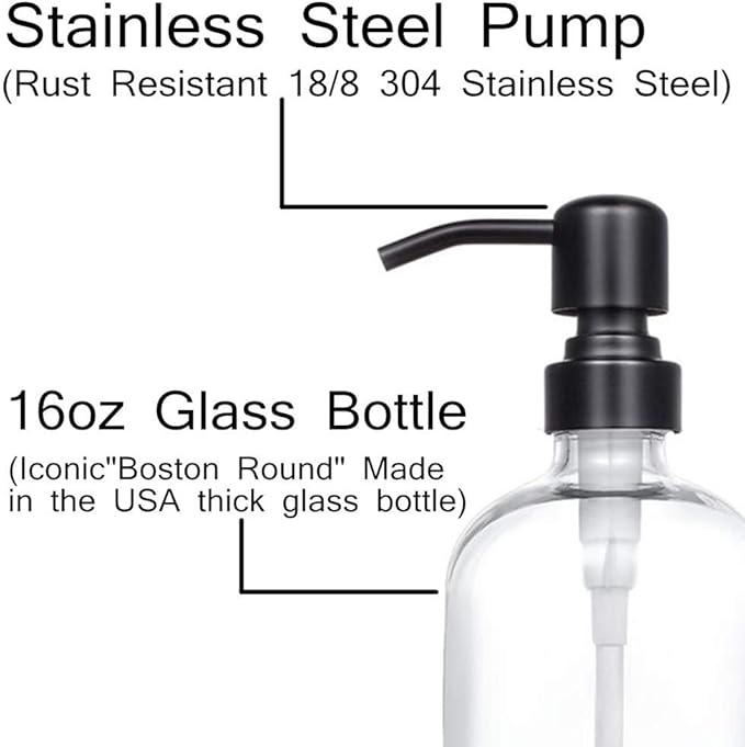2 Pack Thick Clear Glass Pint Jar Soap Dispenser with Matte Black Stainless Steel Pump, 16ounce Clear Boston Round Bottles Dispenser with Rustproof Pump for Essential Oil, Lotion Soap