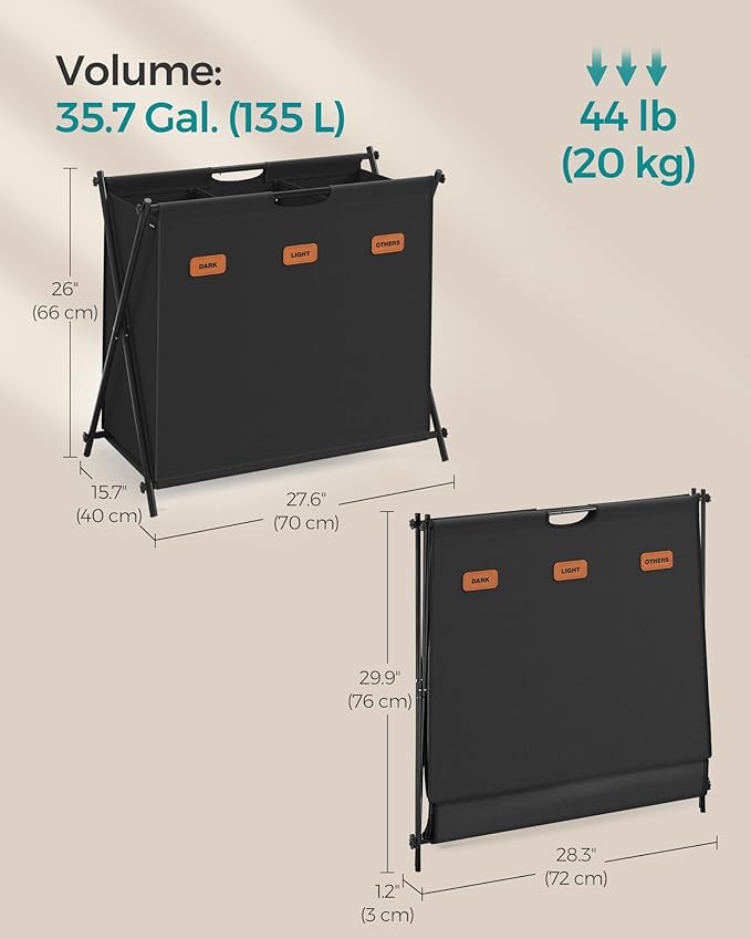 SONGMICS Laundry Hamper, Laundry Basket, 35.7 Gal. Laundry Sorter 3 Sections, Collapsible X-Frame, Clothes Organizer with Customizable Labels, Laundry Room, Bedroom, Bathroom, Ink Black ULCB130B01