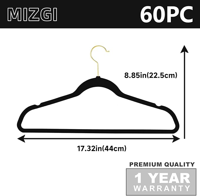 MIZGI Premium Velvet Hangers Pack 60 Pcs Heavyduty - Non Slip Slimline - Velvet Suit Hangers Black - Gold Hooks,Space Saving Clothes Hangers