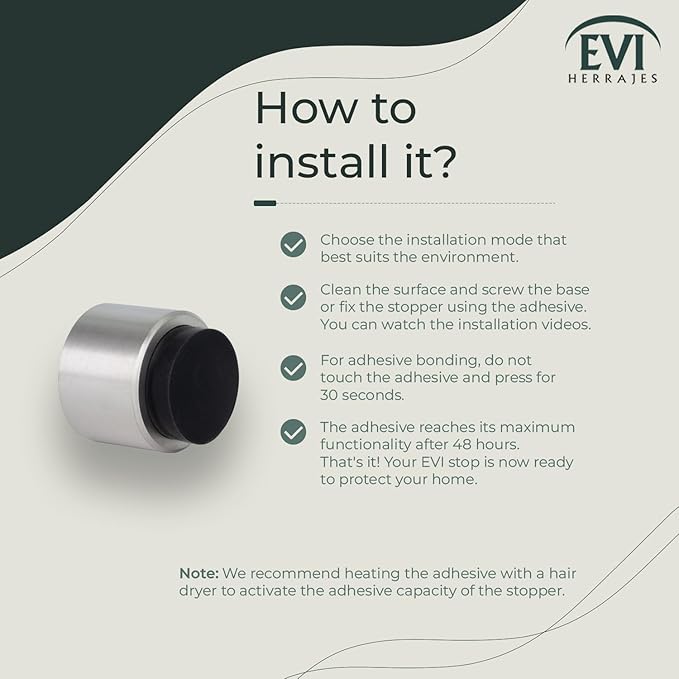 EVI | Wall Adhesive Doorstop | 1.1'' X 1.1'' | Black Rubber | Stainless Steel | Matte Finish | Great Adherence | 100% Functional | Mod. 198/28