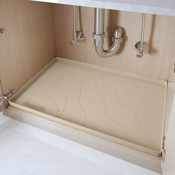 Heavy Duty Silicone Under Sink Mats for Kitchen Waterproof 34" x 19", Extra Thick Under Sink Rubber Mat Drip Tray, Raised Edge Under Sink Liner,Prevent Drips, Leaks, Spills,Taupe