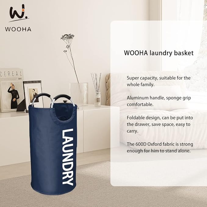 WOOHA 95L Large laundry basket,Collapsible laundry hamper, Tall Clothes Baskets Folding Washing Bin Foldable Fabric Hamper Bags for Bedroom, Closet,Bathroom,College,laundry bag,navy blue
