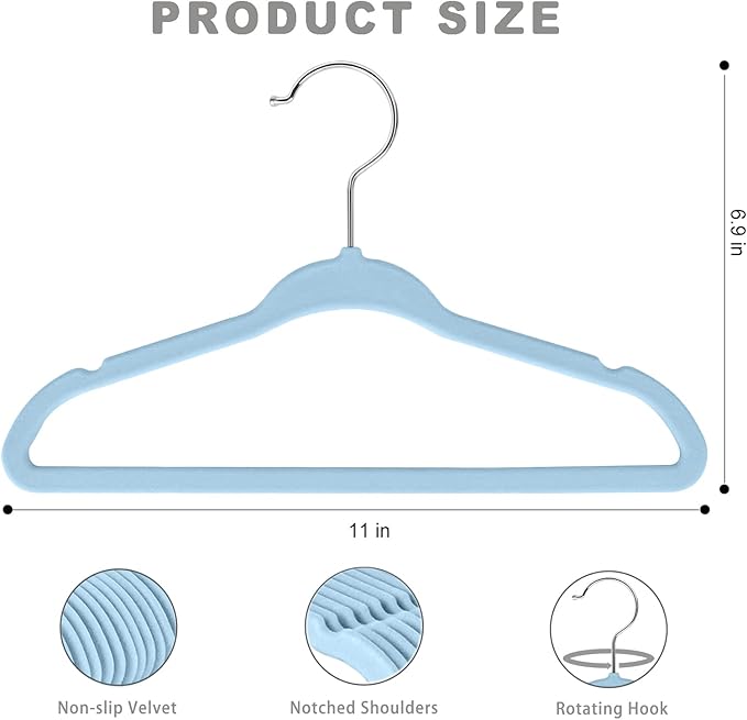 BAGAIL 50 Pack Kids Velvet Hangers 11 Inches Children's Clothes Hangers Non-Slip Baby Hangers for Infant/Toddler (Babyblue)