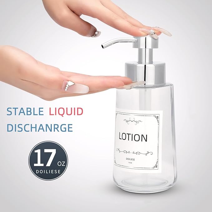 Doiliese Soap Dispenser, Clear Glass Soap Dispenser with Rust Proof Pump, 16oz Liquid Soap Pump with Waterproof Labels, Dish & Hand Soap for Bathroom, Kitchen, Chrome Pump, Pack of 2