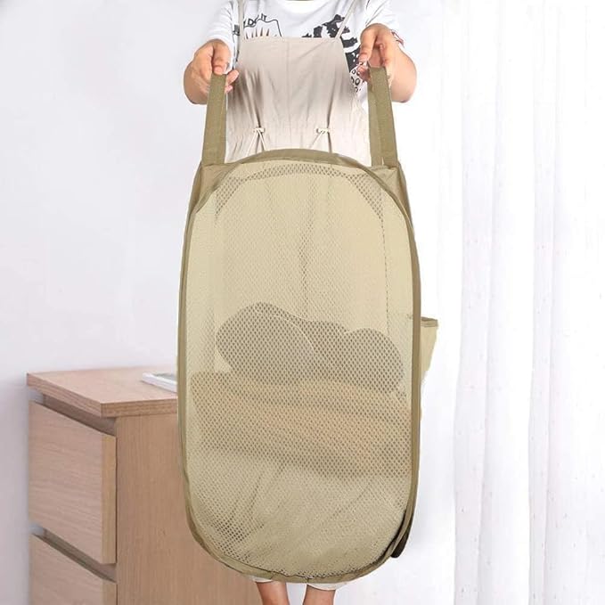 Mesh Popup Laundry Hamper, Foldable Laundry Basket Clothes Hamper for Home, Apartment, College Dorm or Travel, Collapsible for Storage, Beige