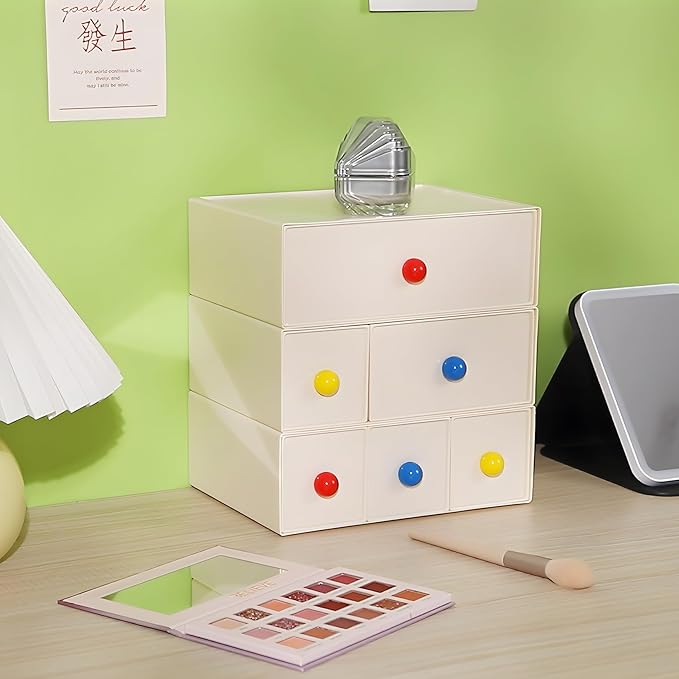 Desktop Storage Drawers, Plastic Desk Organizer with 6 Drawers, Modular Stackable Toolbox Units for Office Stationary, Makeup Container, Bathroom Countertop (3 Tiers, Cream)