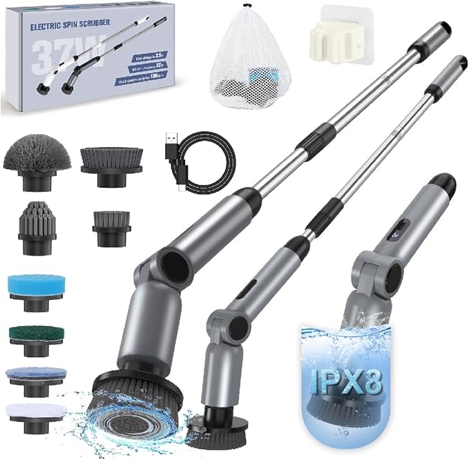 Electric Spin Scrubber, [IPX8 Waterproof ] [50KG Torque] Shower Scrubber with 9 Brush Heads, 2 Speed Mode, 4 Adjustable Angles, Electric Brush for Cleaning for Bathroom Floor Tile (Gray)