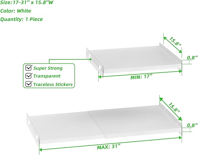 Expandable Closet Shelf Organizer, Adjustable 17-31" Tension Shelf with Heavy-Duty Adhesive - DIY Shelf Dividers for Cabinet, Pantry, Wardrobe, Kitchen, 1 Pack