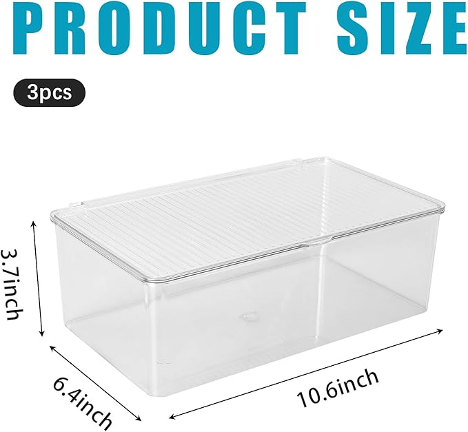Set of 3 Small Stackable Storage Bins with Hinged Lid, Clear Acrylic Organizer Boxes for Makeup, Cosmetics, Home and Office Supplies Storage