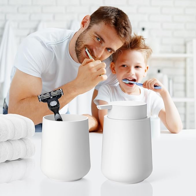 Matte White Bathroom Accessories Set Plastic Hand Soap Dispenser and Toothbrush Holders 2 Piece