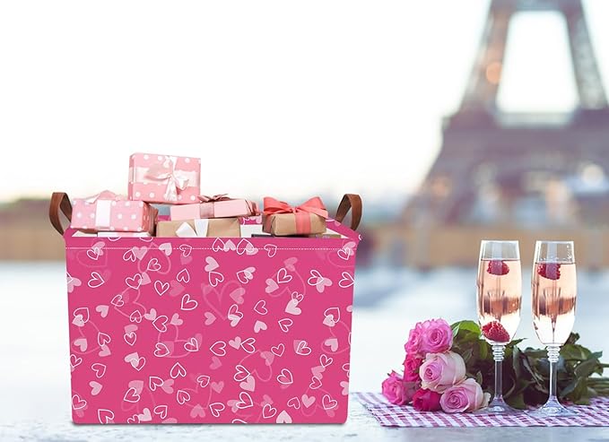 Rectangular Pink Heart Storage Basket,Gift Basket Empty,Heart Print Storage Basket with Handles,Books Box,Room Decor(Pink Hearts)