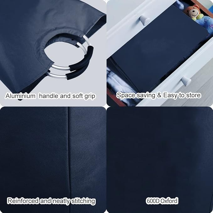 WOOHA 95L Large laundry basket,Collapsible laundry hamper, Tall Clothes Baskets Folding Washing Bin Foldable Fabric Hamper Bags for Bedroom, Closet,Bathroom,College,laundry bag,navy blue