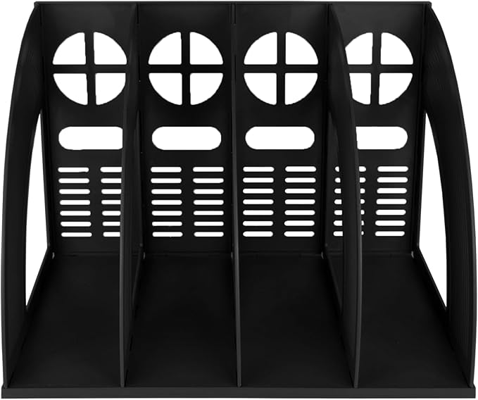 SAYEEC Sturdy Magazine Holder 4 Compartments Plastic Desktop File Organizer File Dividers Office Organizer Storage Document Magaizne Rack Display Box (Black)