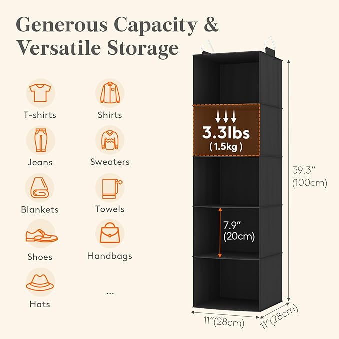 Lifewit 5 Tier Hanging Closet Organizer and Storage for Shelves, Foldable Clothes Storage Shelf with 2 Sturdy Hooks for Clothing Organization, Dorm Room Essentials for Guys, Black