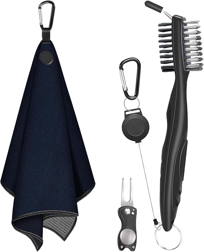 Magnetic Golf Towel, Microfiber Golf Towel with Brush and Divot Tool for Men, Industrial Strength Magnet Accessories for Strong Hold to Golf Bags, Carts or Clubs (Black)