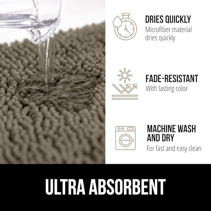 Gorilla Grip Shaggy Chenille Bath Rug Mat for Toilet Base, Machine Washable, Microfiber Dries Quickly, Plush Absorbent Contour Mats for Toilets, Bathroom Decor, Oval U-Shape, 22'' x 19'' x 15'', Latte