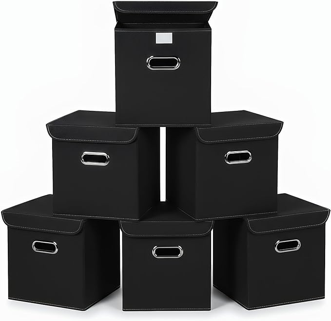Closet Organizers Fabric Storage Bins With Lids Collapsible Cube Storage Organizer Basket With Handles,Storage Boxes for Clothes Storage,Office,Laundry,Shelves,6 Pack,（Black